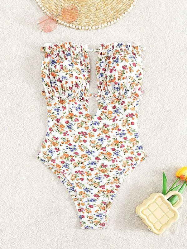 SHEIN Swim Mod Summer Beach Ditsy Floral Print Frill Trim Bandeau One Piece Swimsuit