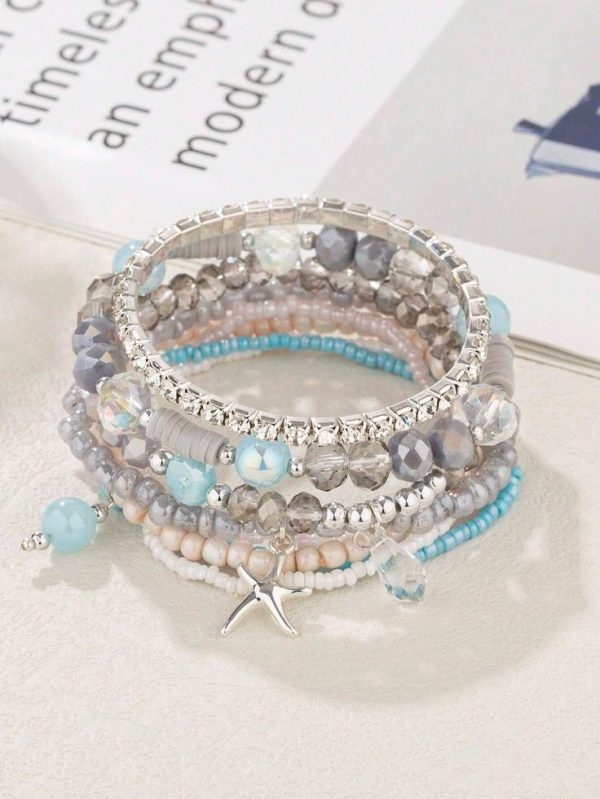 Set Of 8 Romantic Ocean Glass Beaded Rhinestone Crystal Chain Alloy Starfish Decorated Bracelet