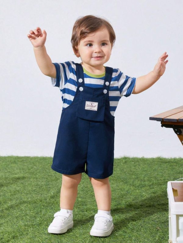 SHEIN Cute Knitted Striped Colorblock Top + Solid Suspenders Shorts Set For Baby Boys/Girls
