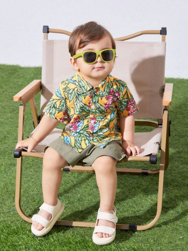 SHEIN Baby Boy/Girl Casual Beach Tropical Plants & Flowers Printed Button-Up Shirt And Shorts Set