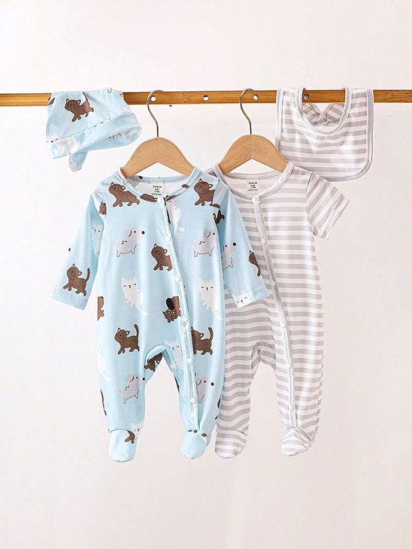 SHEIN 2pcs Toddler Boys' Cute Animal Print Short Sleeve Long Romper Set, Jumpsuit Pajamas
