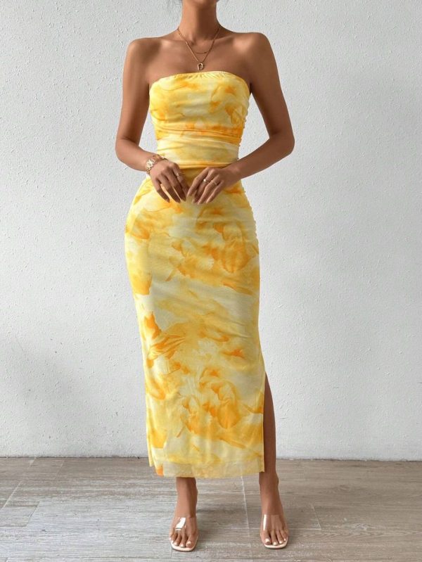 SHEIN BAE Ladies' Tie Dye Strapless Dress With Side Slit Hem