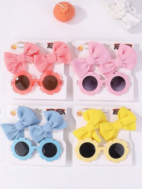Fashion Solid Color Bow Toddlers Elastic Hair Band Sunglasses Set For Kids