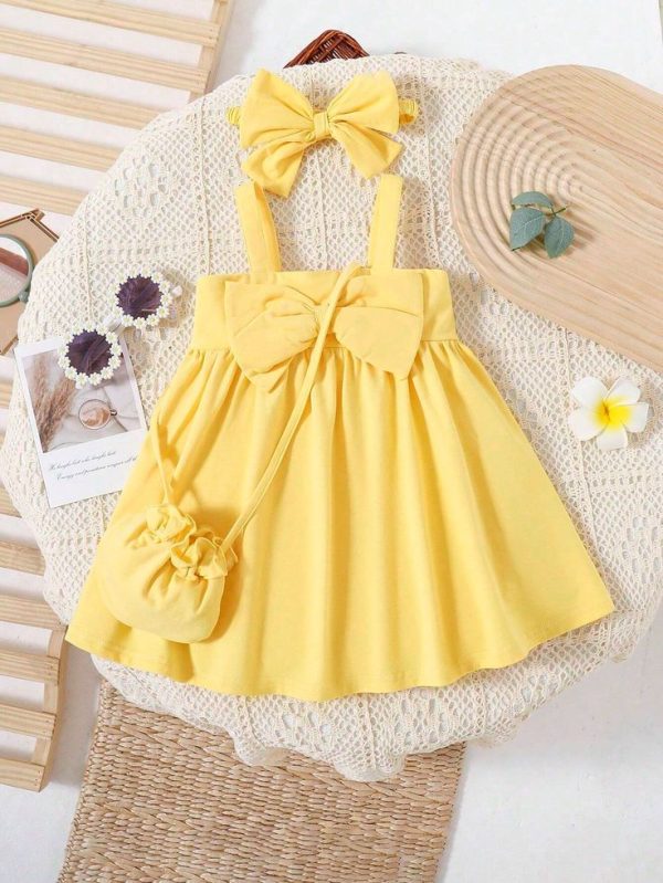 SHEIN Newborn Baby Girl Summer Soft Knitted Solid Color Dress With Bowknot, Headband & Sling Bag Set