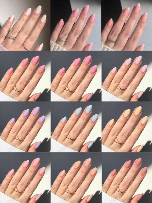 Short Oval Nude Color Spring And Summer Colors Medium Length Almond Acrylic Nails With Storage Box