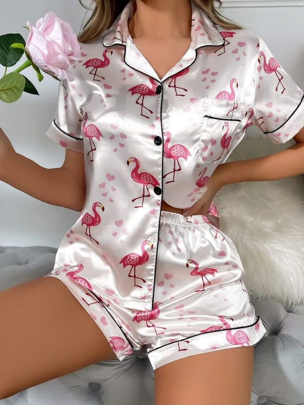Flamingo & Heart Print Contrast Piping Satin PJ Set