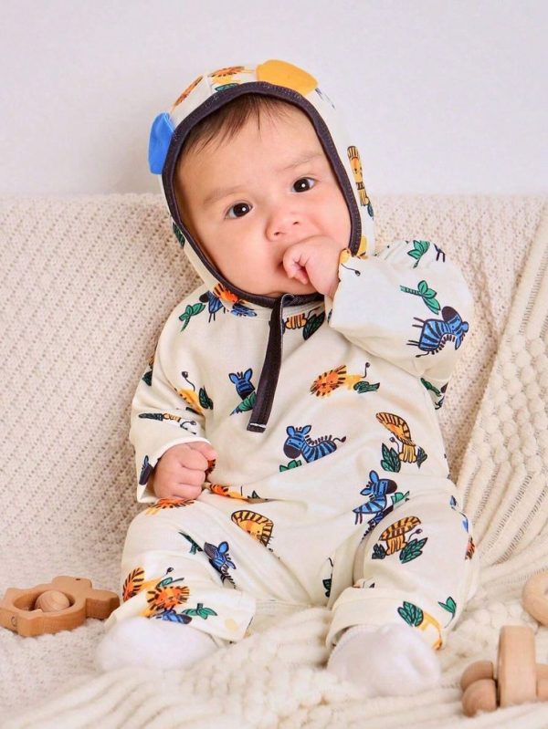 SHEIN Baby Boys' Simple And Fashionable Animal Print Long Sleeve Jumpsuit