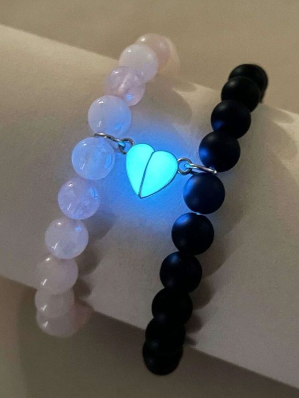 2pcs Couple Glow In The Dark Heart Charm Beaded Bracelet