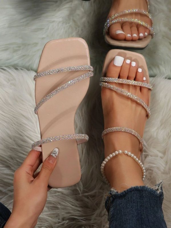 Women Apricot Rhinestone Decor Flat Sandals, Open Toe Mules For Daily Wear