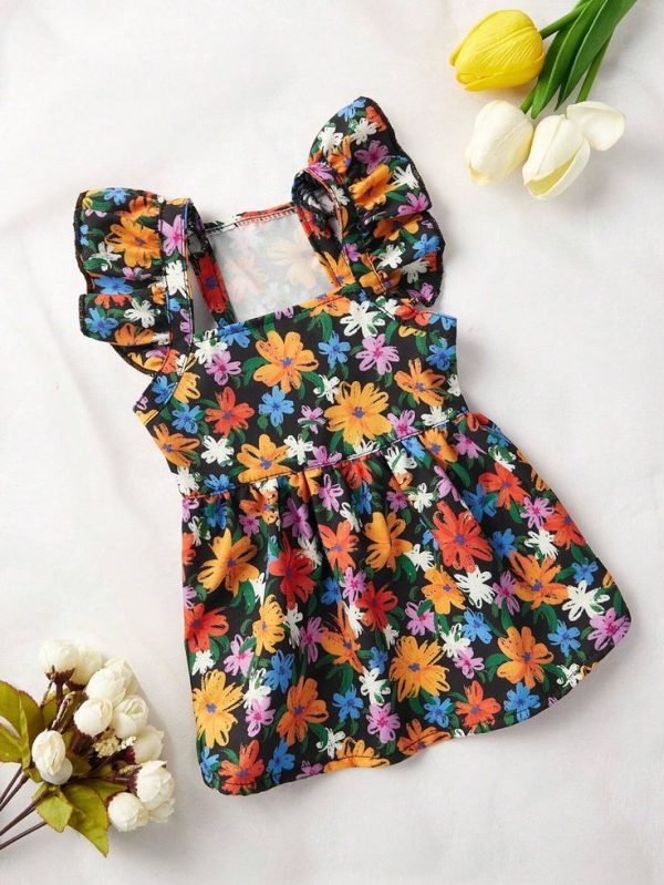 PETSIN Hand-Drawn Floral & Patchwork Printed Pet Dress With Short Sleeves