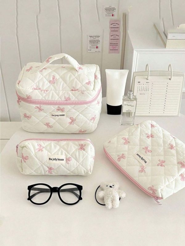 Pink Quilted Makeup Bag Set With Pink Bows Cute Coquette Floral Cosmetic Bag