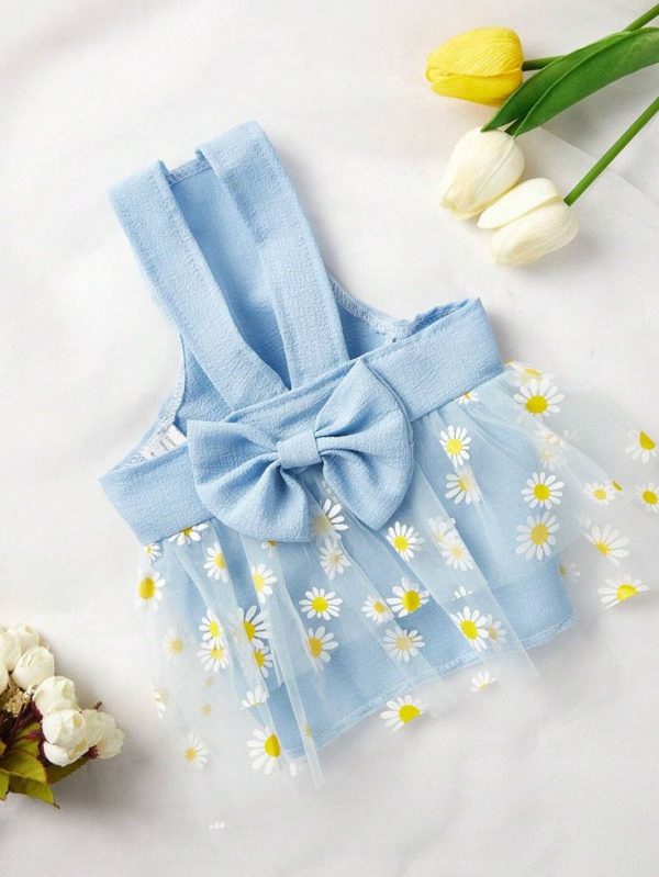 PETSIN Blue Daisy Pattern Mesh Skirt Bubble Cloth Bowknot Pet Dress For Cats And Dogs