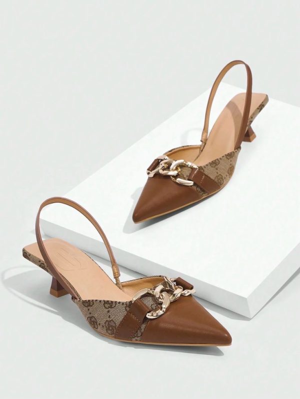 Retro Floral Color-Block Design Pointed Toe High-Heeled Sandals With Ankle Strap And Small Cat Heel
