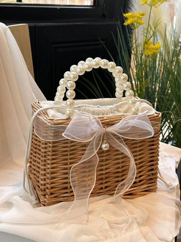 Woven Straw Bag With Ribbon/Tassel/Pearl Decoration, Summer And Beach Style Women's Handbag