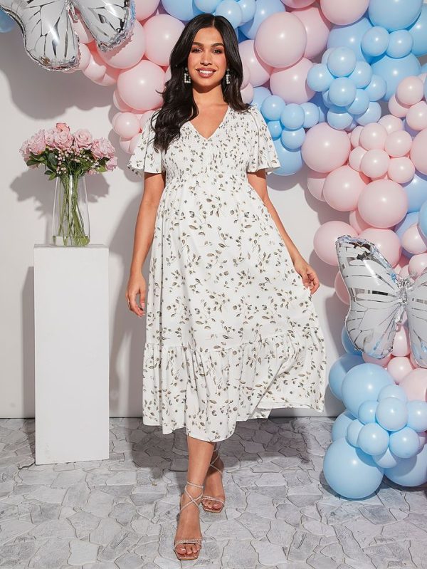 SHEIN Women's V-Neck Floral Print Ruffle Hem Summer Short Sleeve Dress
