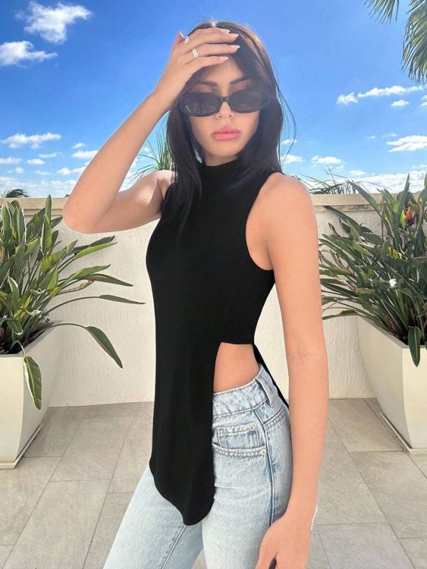 SHEIN Essnce Black Side Slit Casual Basic Tank Top With Exposed Waist