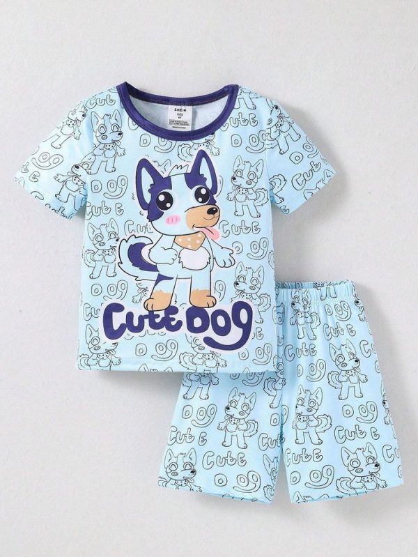 Boys' Toddler Dog Print Round Neck Short Sleeve T-Shirt And Shorts Snug Fit 2pcs Home Wear Set