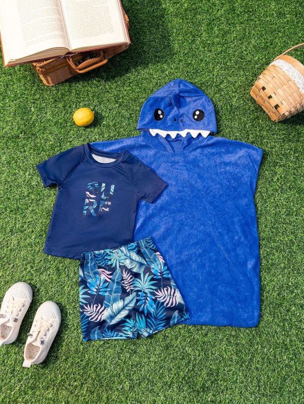 SHEIN Baby Boy Summer Beach Casual Hoodie, Short Sleeve Top And Swim Trunks Swimwear 3pcs/Set
