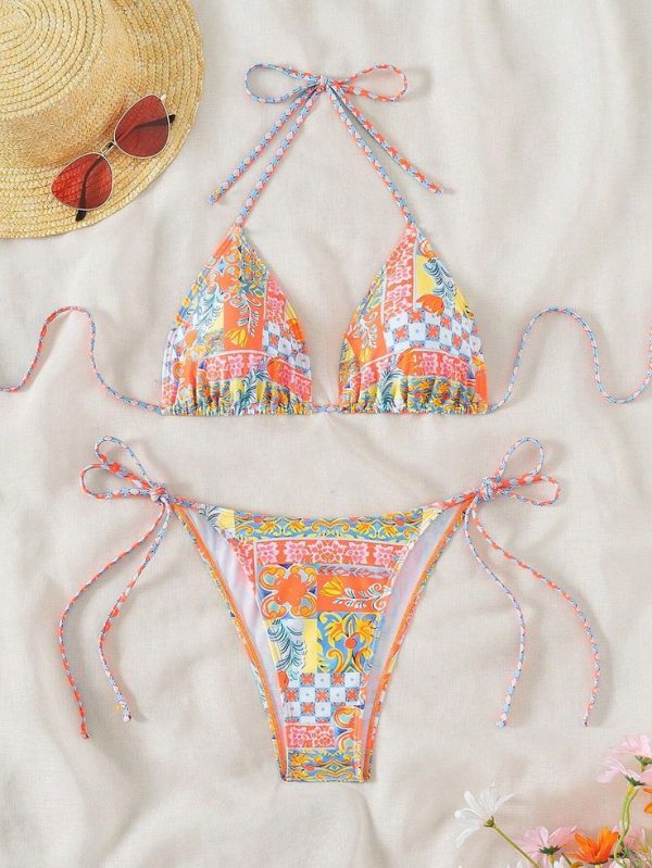 SHEIN Swim Summer Beach Women's Floral Print Neck-Tie Halter Bikini Set For Vacation