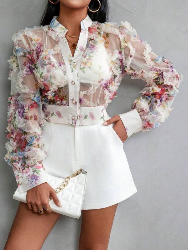SHEIN Privé Random Printed Long Sleeve Blouse