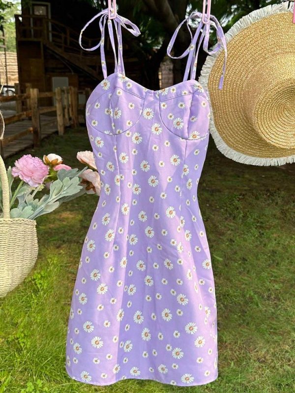 SHEIN WYWH Women's Summer Floral Printed Sleeveless Spaghetti Strap Knot Dress