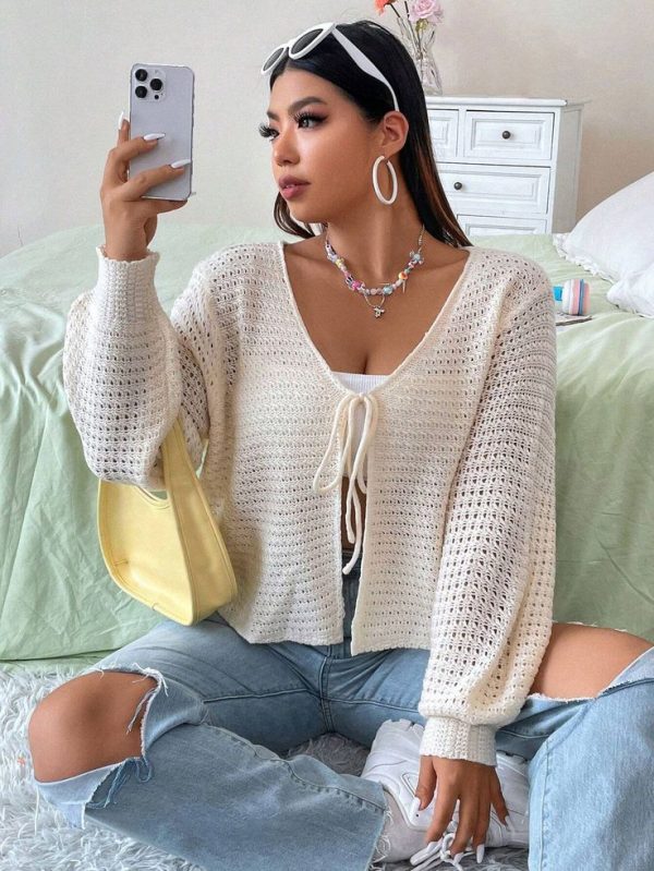SHEIN EZwear Plus Tie Front Lantern Sleeve Cardigan