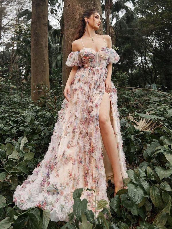 Back Lace Up Floral Split Mesh Dress , Summer Vocation Daily