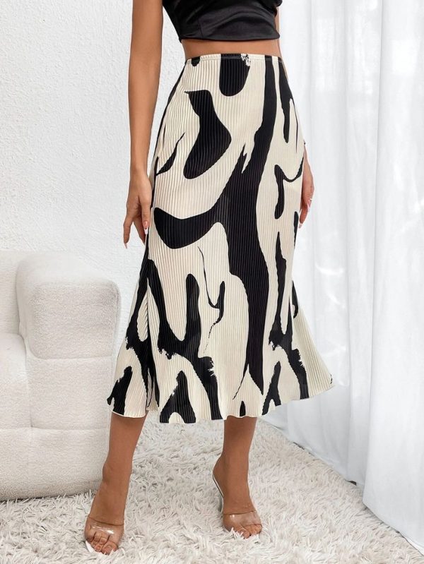 SHEIN Privé Graphic Print Plisse Long Skirt