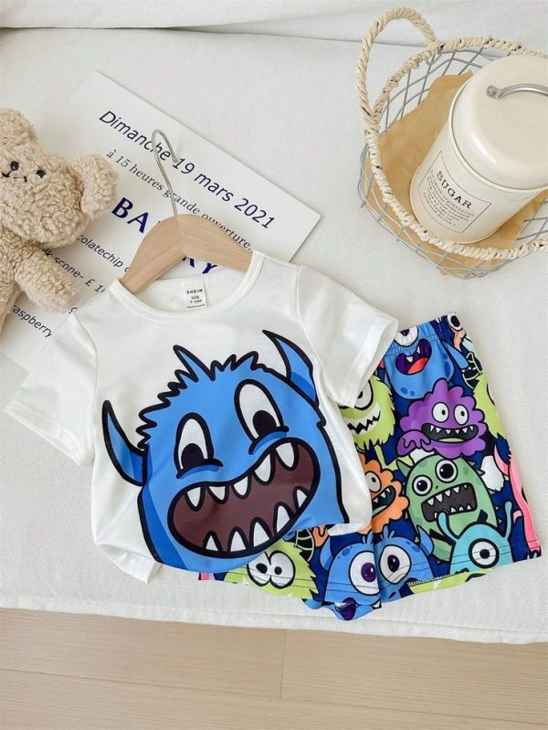 SHEIN Baby Boys' Or Girls' Casual Cartoon Monster Print Short Sleeve T-Shirt And Shorts 2pcs/Set