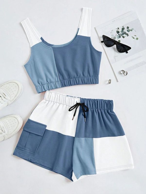 SHEIN EZwear Plus Colorblock Crop Tank Top & Flap Pocket Shorts