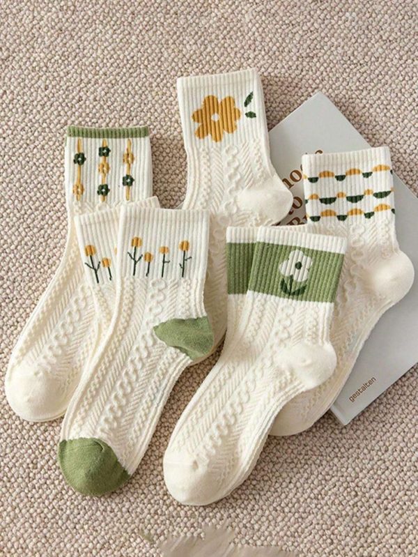 5pairs/set Women's Creative Floral Print Mid-calf Socks In Green Tones