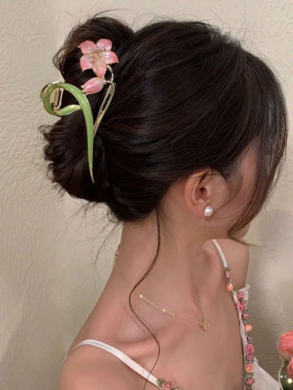 1pc Women's Multi-Color Flower & Leaf Shaped Alloy Faux Pearl Hair Claw
