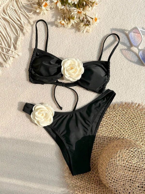 SHEIN Swim Summer Beach 3D Appliques Tie Back Bikini Set