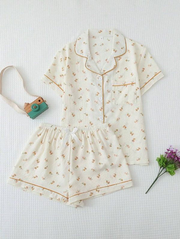 Women's Summer Sleepwear Set With Contrast Piping And Small Floral Print