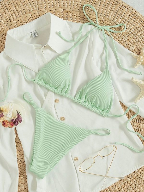 SHEIN Swim Summer Beach Ribbed Bikini Set Tie Back Halter Triangle Bra & Thong 2 Piece Bathing Suit