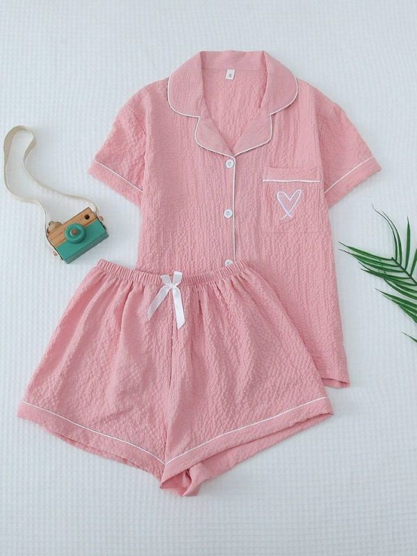 Women's Summer Casual Bowknot Shorts And Buttoned Tee Set With Heart Embroidery And Pockets