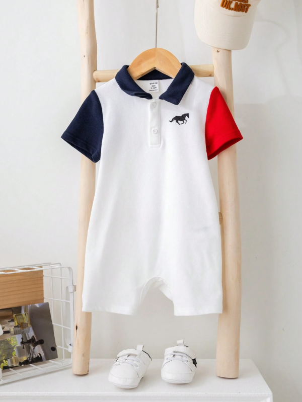 SHEIN Baby Boy Color-Block Short Sleeve Half-Zip Polo Collar Romper With Snap Bottom