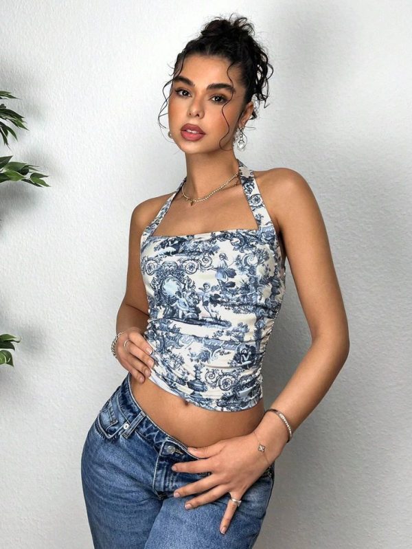 SHEIN EZwear Palace Style Printed Tight Pleated Halterneck Fashion Tank Top