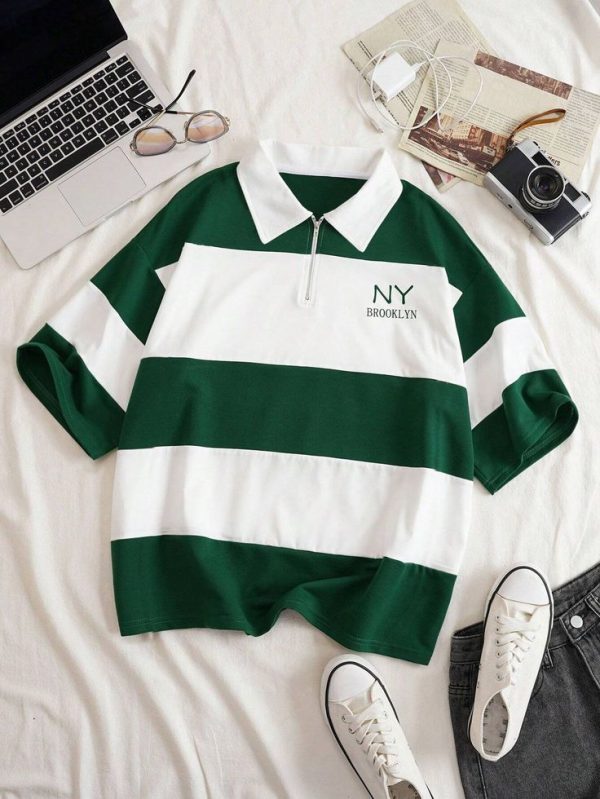 SHEIN EZwear Plus Letter Graphic Colorblock Polo Neck Drop Shoulder Tee