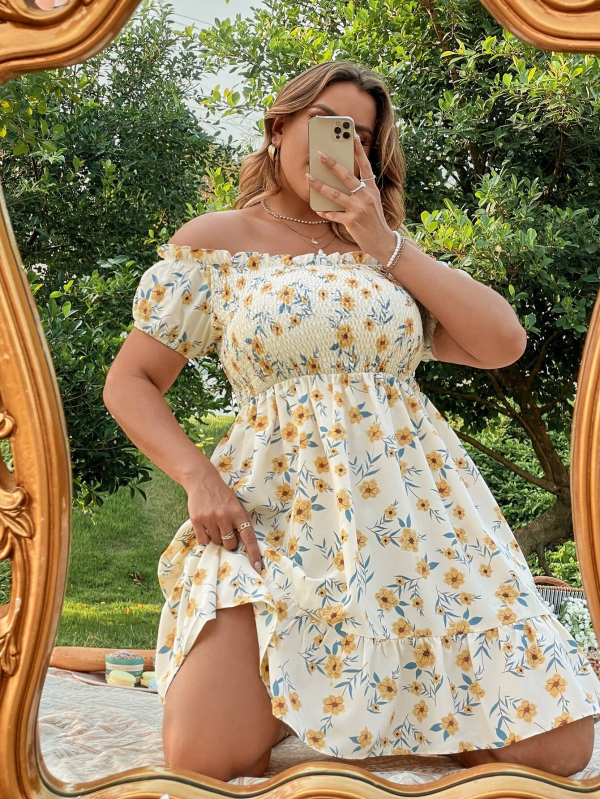 SHEIN WYWH Plus Floral Print Off Shoulder Shirred Ruffle Hem Dress