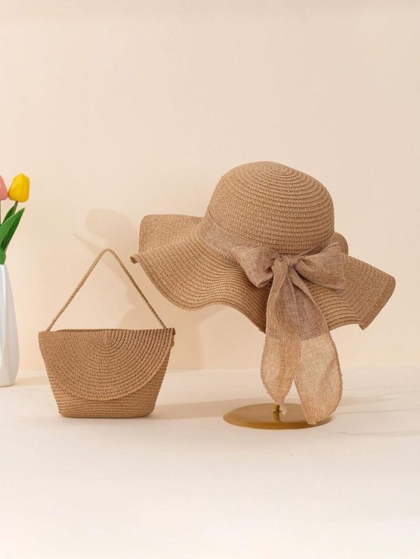 2pcs Women's Khaki Wave & Bowknot Decor Beach Sun Hat And Crossbody Woven Bag Set Boho