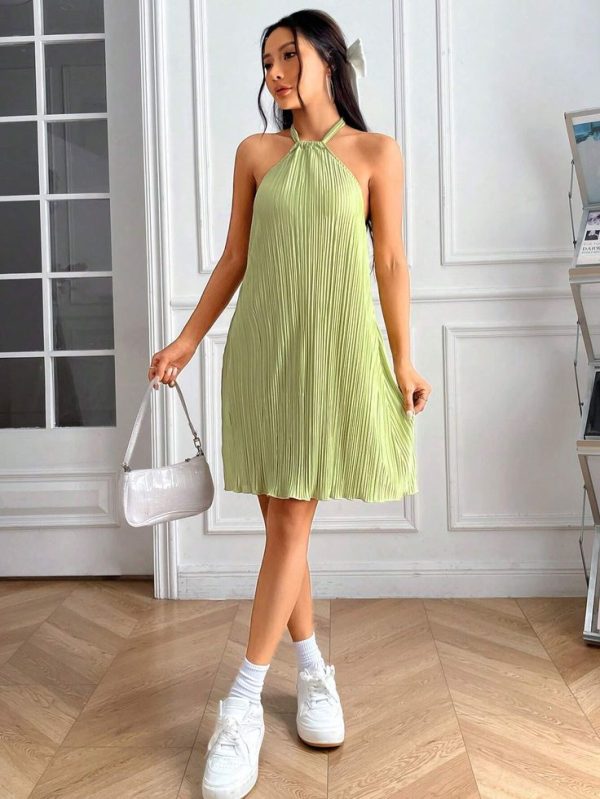SHEIN EZwear Spring Break Solid Halter Neck Backless Lettuce Trim Dress