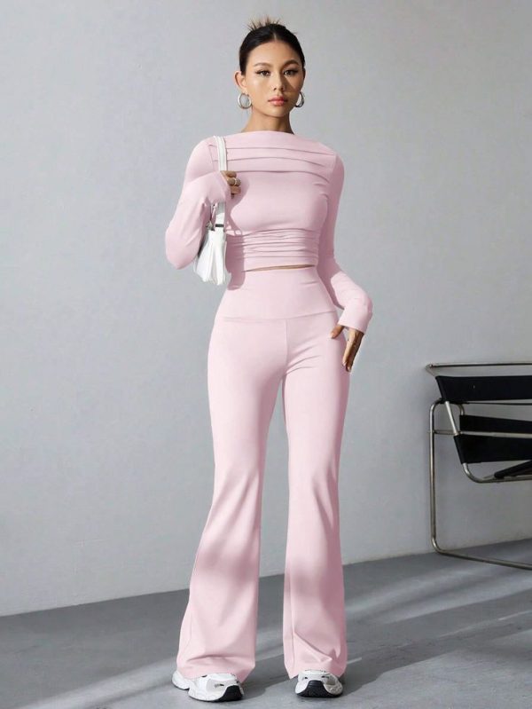 SHEIN EZwear Long Sleeve Solid Color T-Shirt And Flared Pants 2pcs/Set