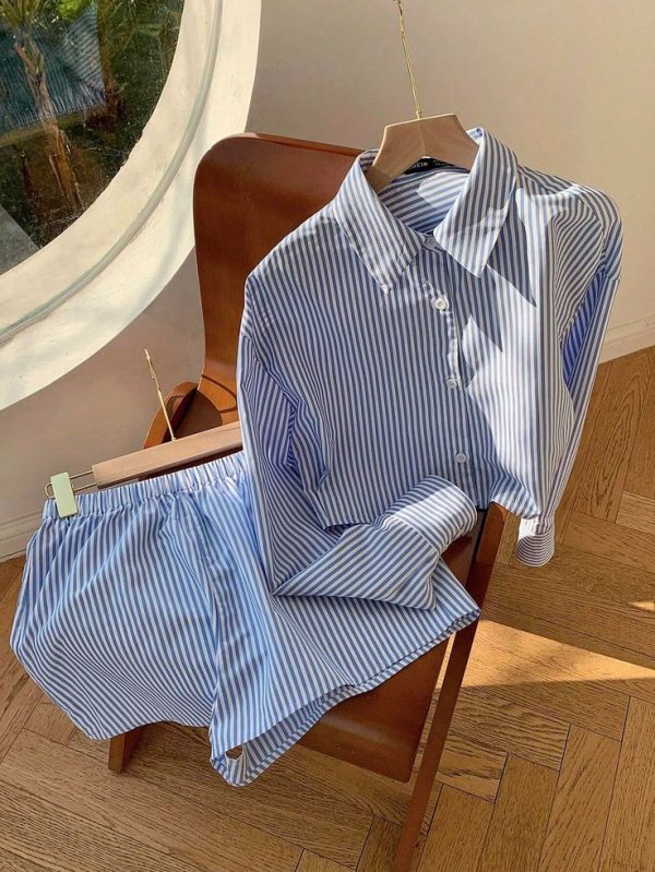 SHEIN EZwear Women's Long Sleeve Stripe Shirt And Shorts Two Piece Set
