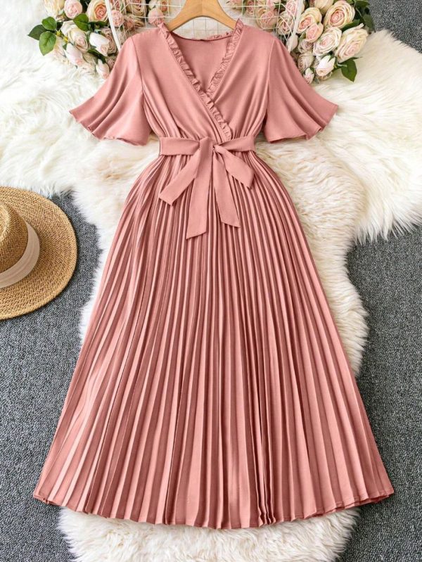 SHEIN Privé Plus Size Women's Frill Trim Pleated Hem Swing Dress