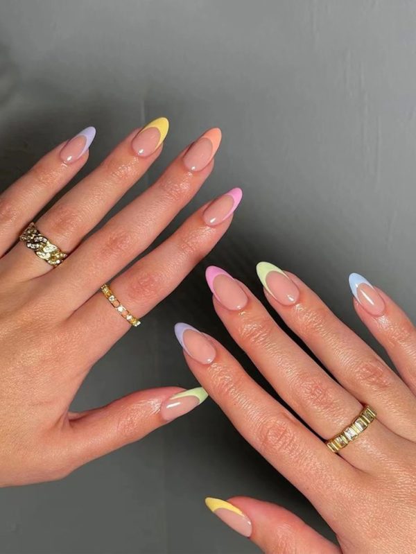 French Style Pastel Rainbow Color Daily Simple Nordic Full Cover Fake Nail Kit For Women And Girls