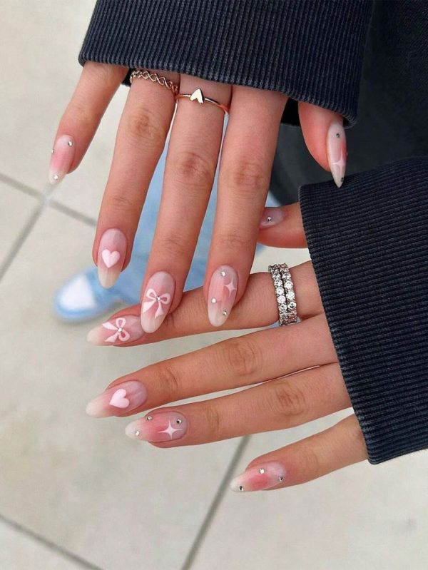 24pcs Medium Almond Shape Press On Nails Star Pink Heart Bowknot And Rhinestone Fake Nails