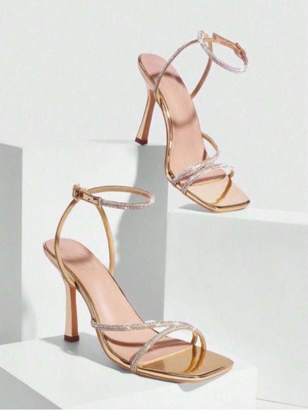 CUCCOO SZL Woman Shoes Fashion Square Toe Rhinestone Studded Ankle Strap Gold Sandals