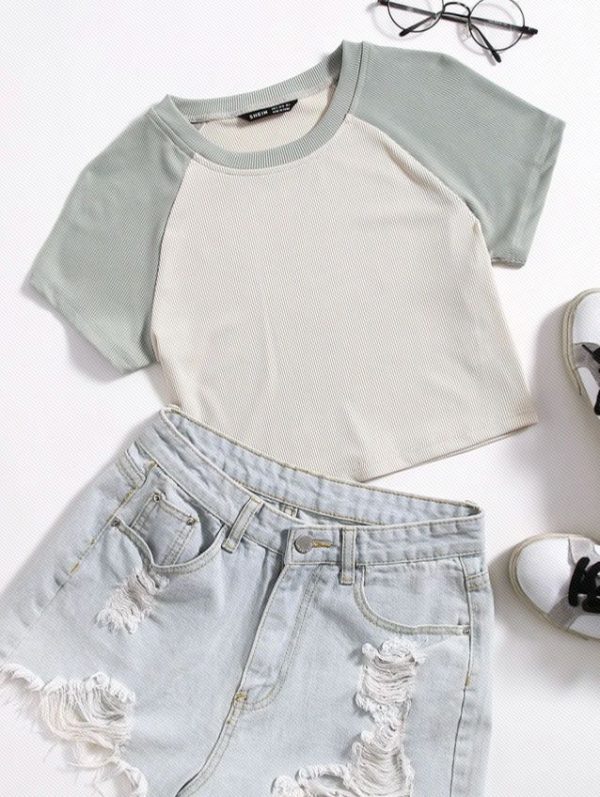 SHEIN EZwear Rib-Knit Raglan Sleeve Tee