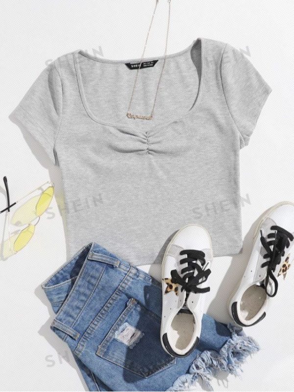 SHEIN EZwear Solid Ruched Detail Crop Tee